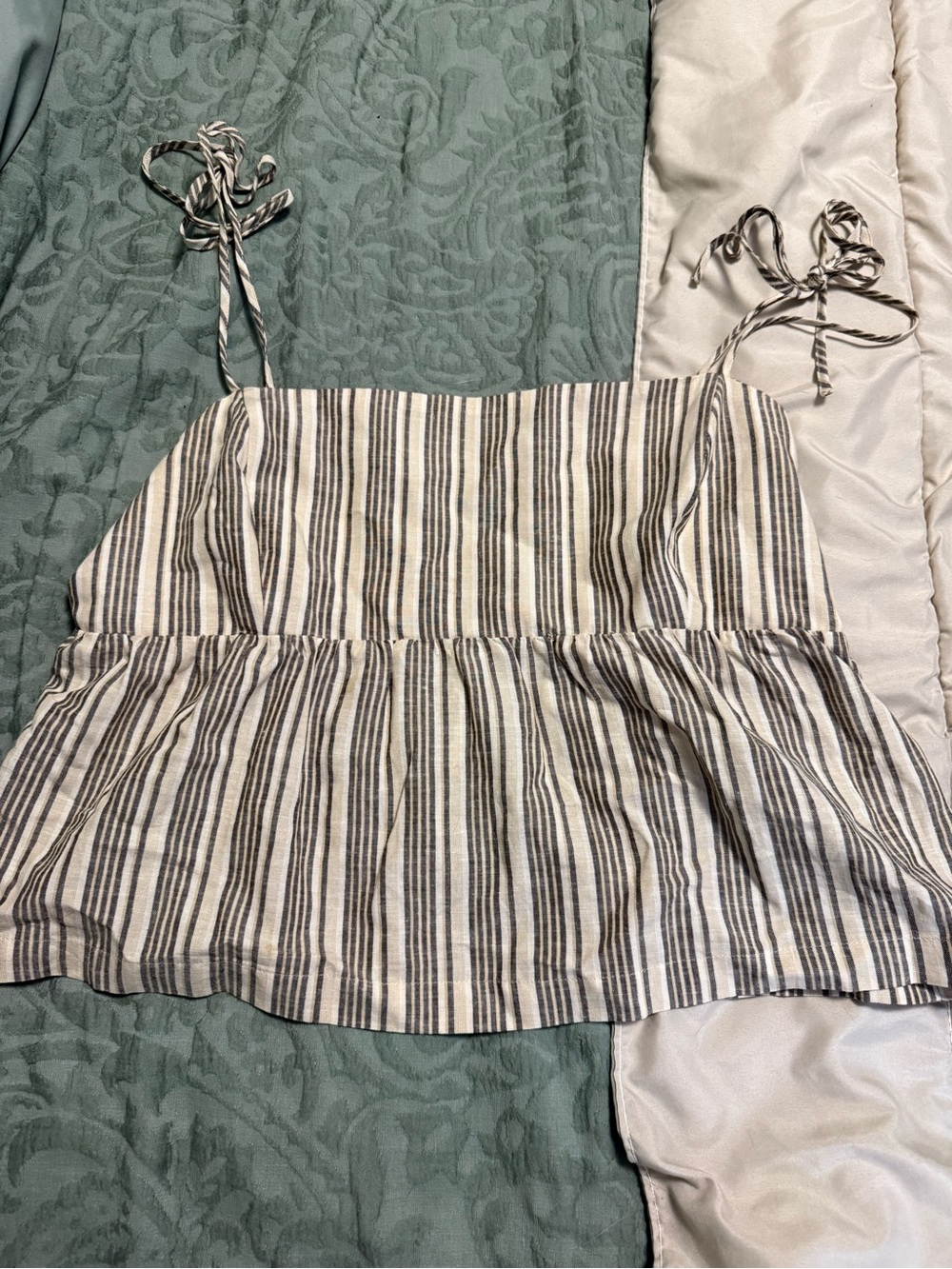 Dynamite Striped Tie-Shoulder Peplum Top - Cream & Black